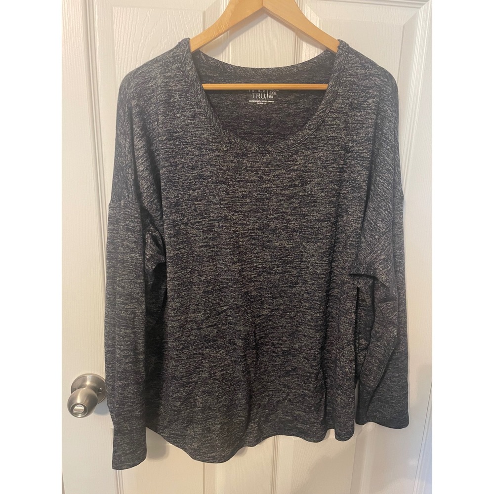 Time and Tru Women's 3X Navy Heather Long Sleeve Knit Top Plus Size Soft Stretch